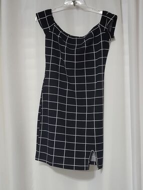Black Windowpane Square-Neck Mini Dress